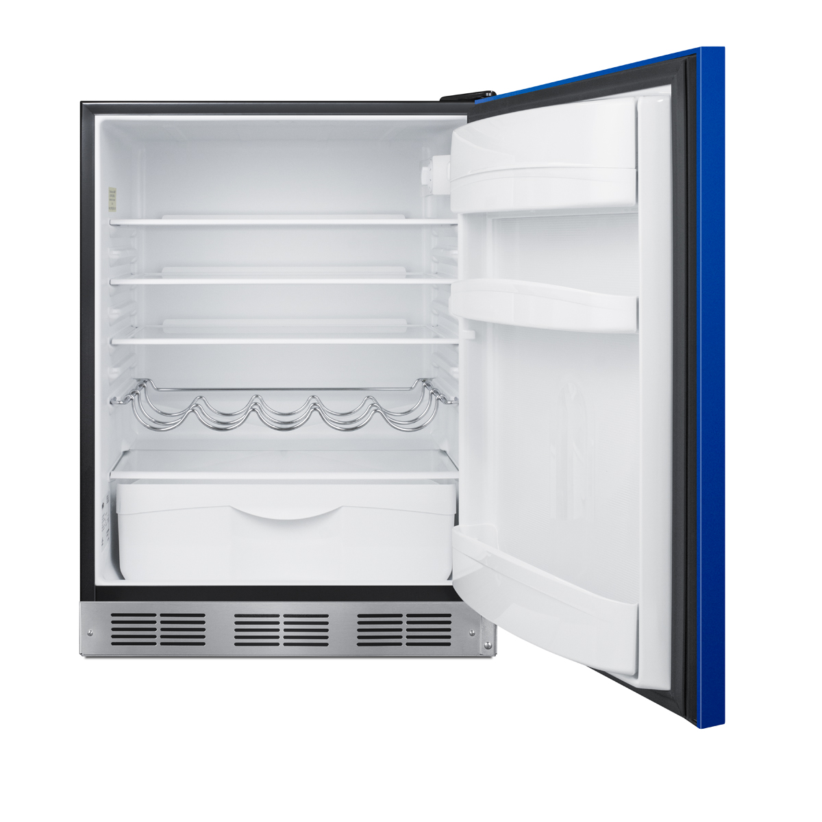 24 in. wide all-refrigerator for residential use, auto defrost with an cobalt blue door, stainless steel handle, and black cabinet